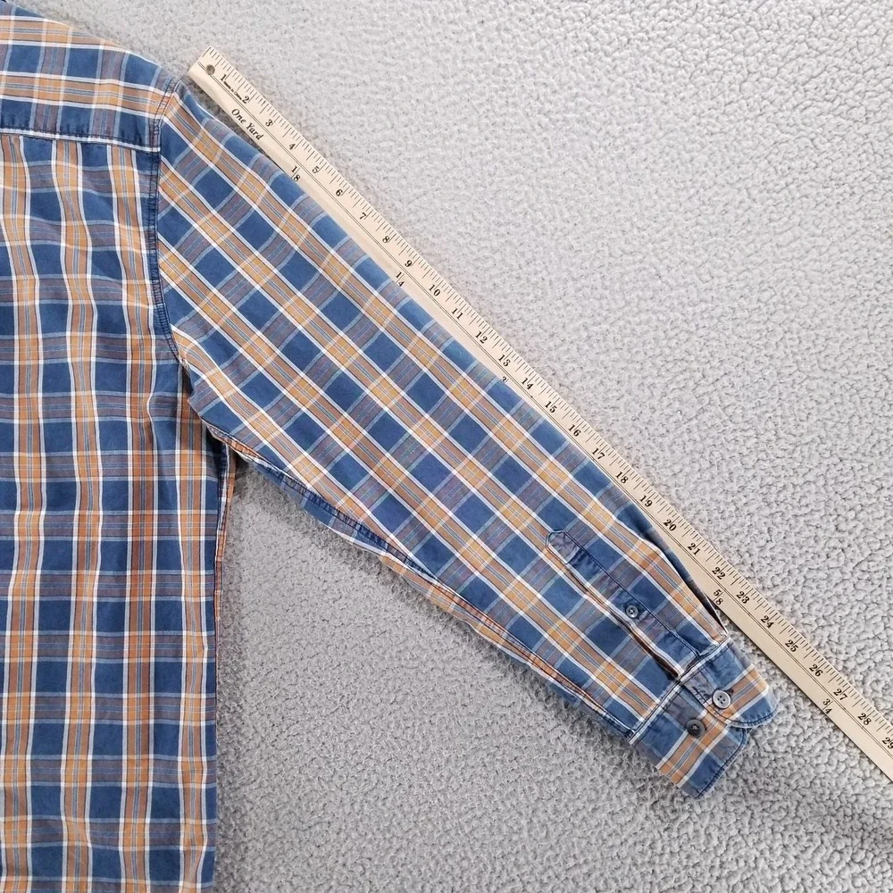 32 Bar Blues Shirt Mens Blue Orange Plaid Long Sleeve Button Down Chest Pockets